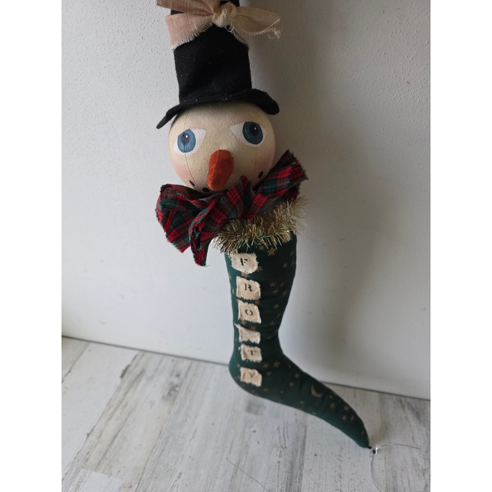 Vintage snowman Frosty plush country folk art Xmas hanging tinsel plaid Xmas